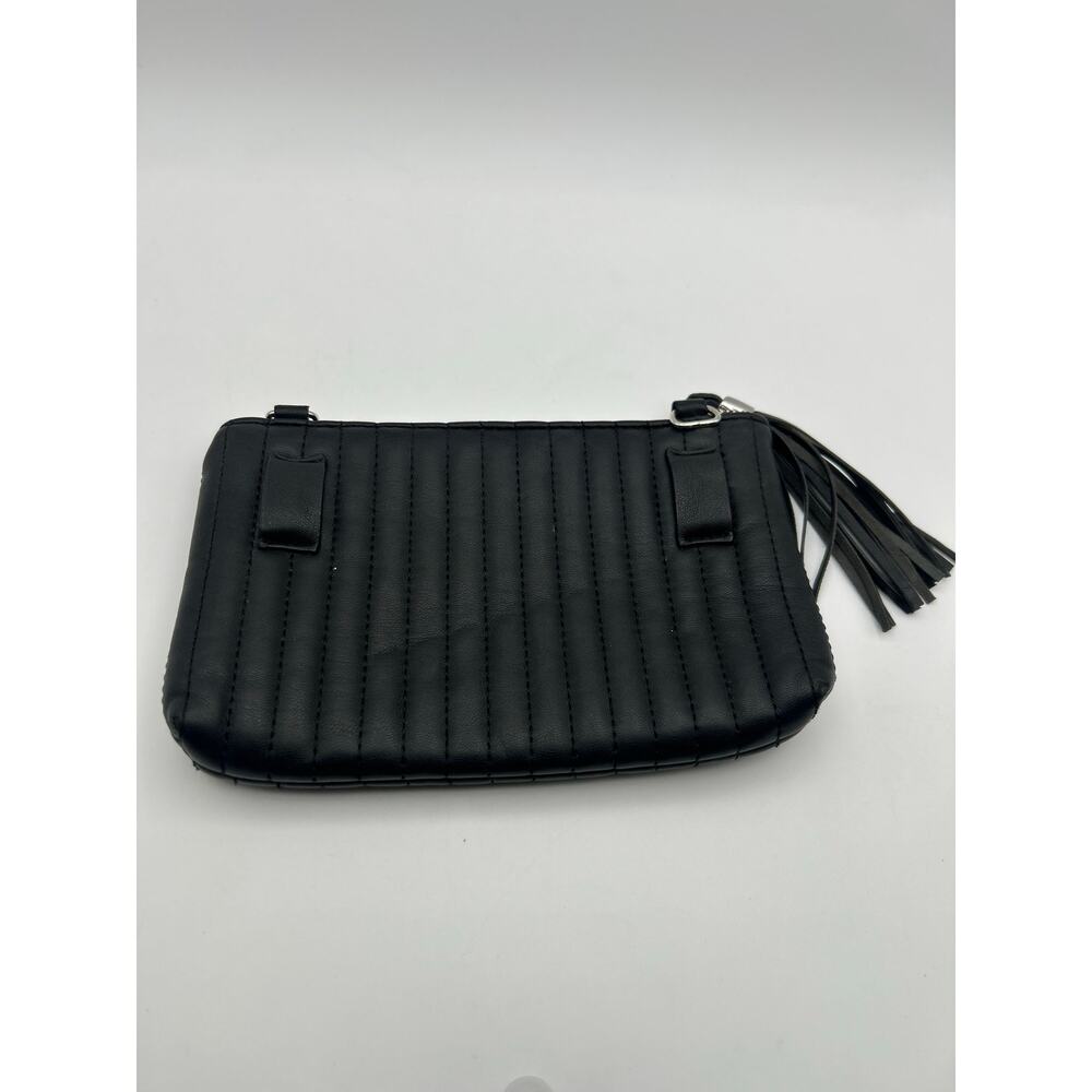 Black Quilted Zip Pouch Wristlet Tassel Small Clutch Cosmetic Bag Minimalist